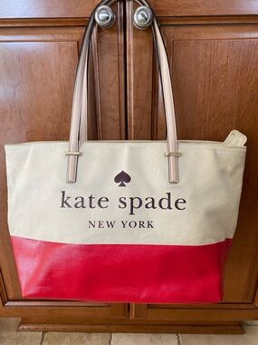 kate spade Beige and Red Two-Tone Canvas Tote with Leather Straps